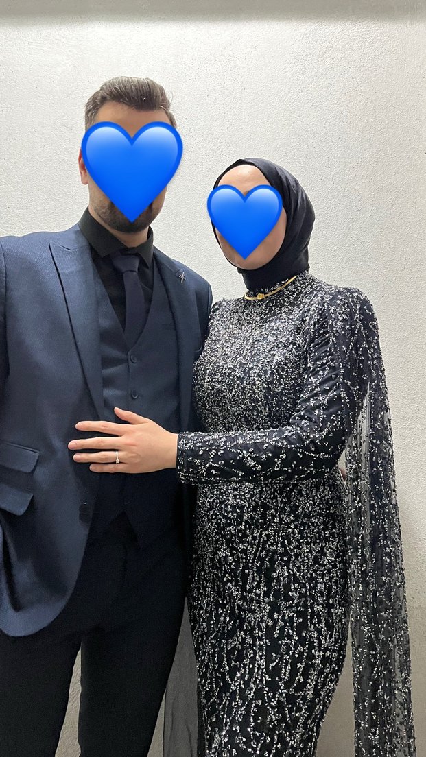 Uzun Lacivert  Desenli Kadın Abiye Elbise - Görsel 3