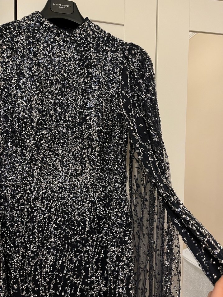 Uzun Lacivert  Desenli Kadın Abiye Elbise - Görsel 4