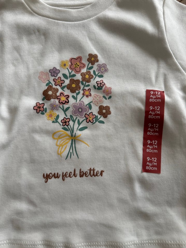 Çiçek Baskılı Beyaz Uzun Kollu Kız bebek Tişörtü - Görsel 2