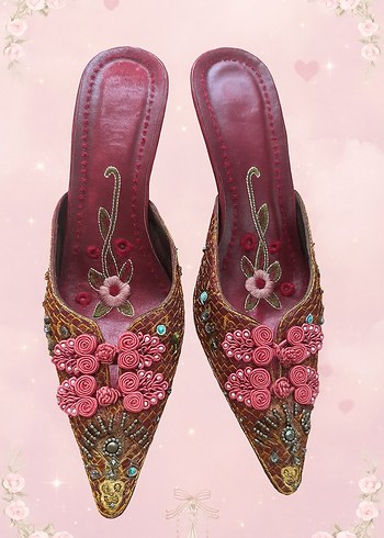fairycore coquette Bordo İşlemeli Boncuklu Bohem topuklu Terlik