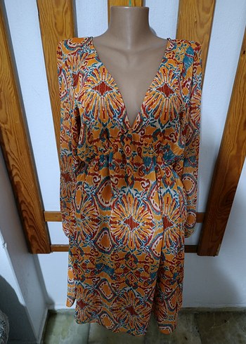 Renkli desenli  V Yaka  Elbise - Görsel 19