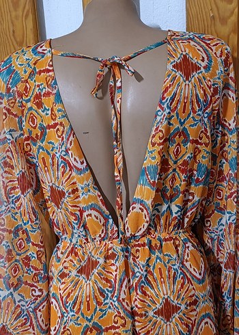 Renkli desenli  V Yaka  Elbise - Görsel 13