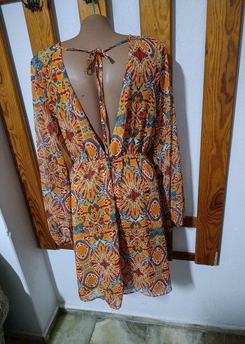 Renkli desenli  V Yaka  Elbise - Görsel 12