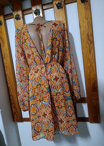 Renkli desenli  V Yaka  Elbise - Görsel 14