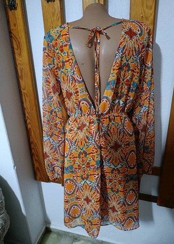 Renkli desenli  V Yaka  Elbise - Görsel 15