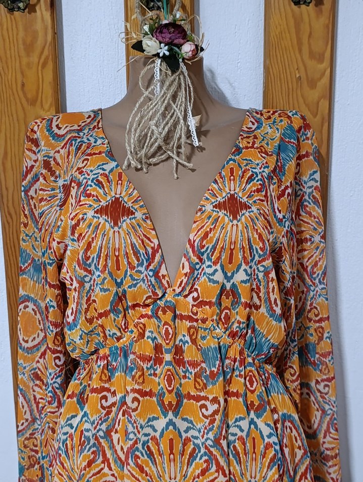 Renkli desenli  V Yaka  Elbise - Görsel 3