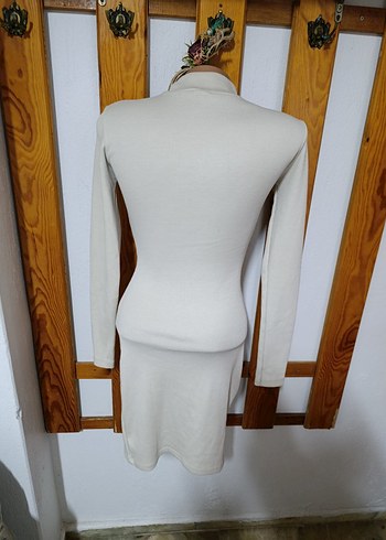 Krem renk Yüksek Yakalı Kadın Triko Elbise - Görsel 5