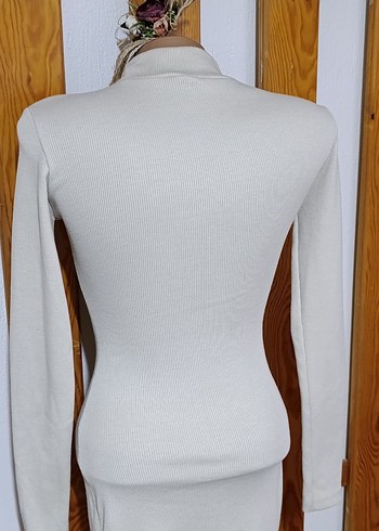 Krem renk Yüksek Yakalı Kadın Triko Elbise - Görsel 7