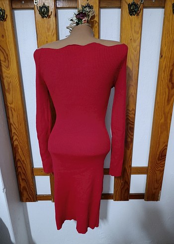 Kırmızı Uzun Kollu Triko Kadın Elbise - Görsel 9