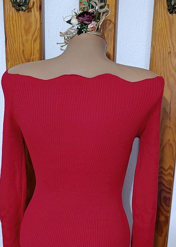 Kırmızı Uzun Kollu Triko Kadın Elbise - Görsel 7
