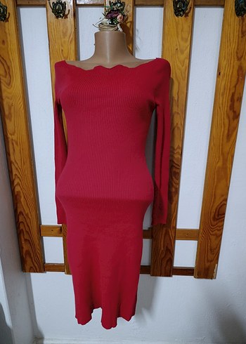Kırmızı Uzun Kollu Triko Kadın Elbise - Görsel 3
