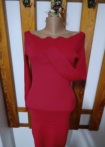 Kırmızı Uzun Kollu Triko Kadın Elbise - Görsel 4