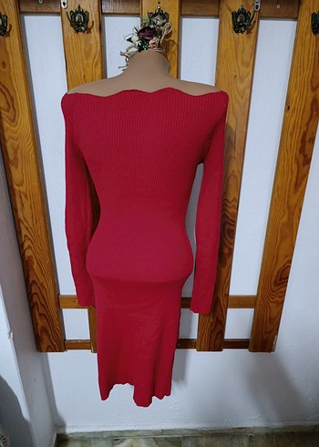 Kırmızı Uzun Kollu Triko Kadın Elbise - Görsel 6