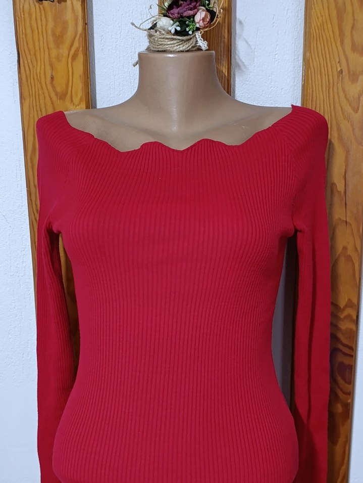 Kırmızı Uzun Kollu Triko Kadın Elbise - Görsel 2