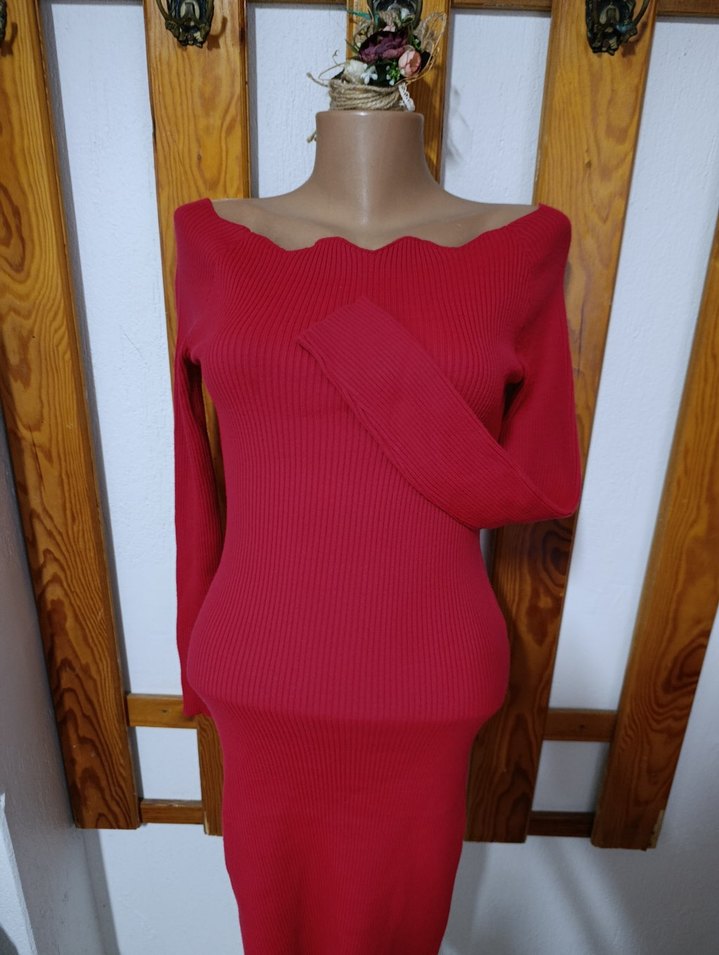 Kırmızı Uzun Kollu Triko Kadın Elbise - Görsel 4