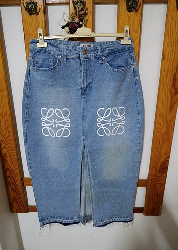 Mavi Uzun Yırtmaçlı Kot Etek - Görsel 3