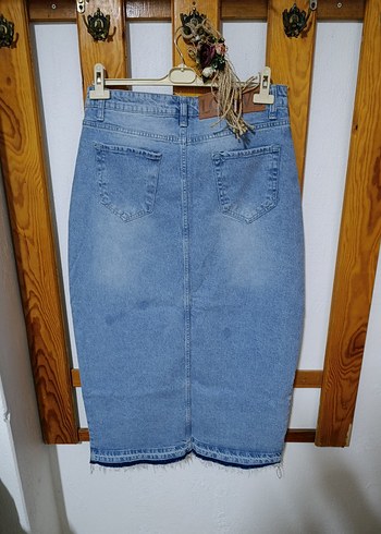 Mavi Uzun Yırtmaçlı Kot Etek - Görsel 5