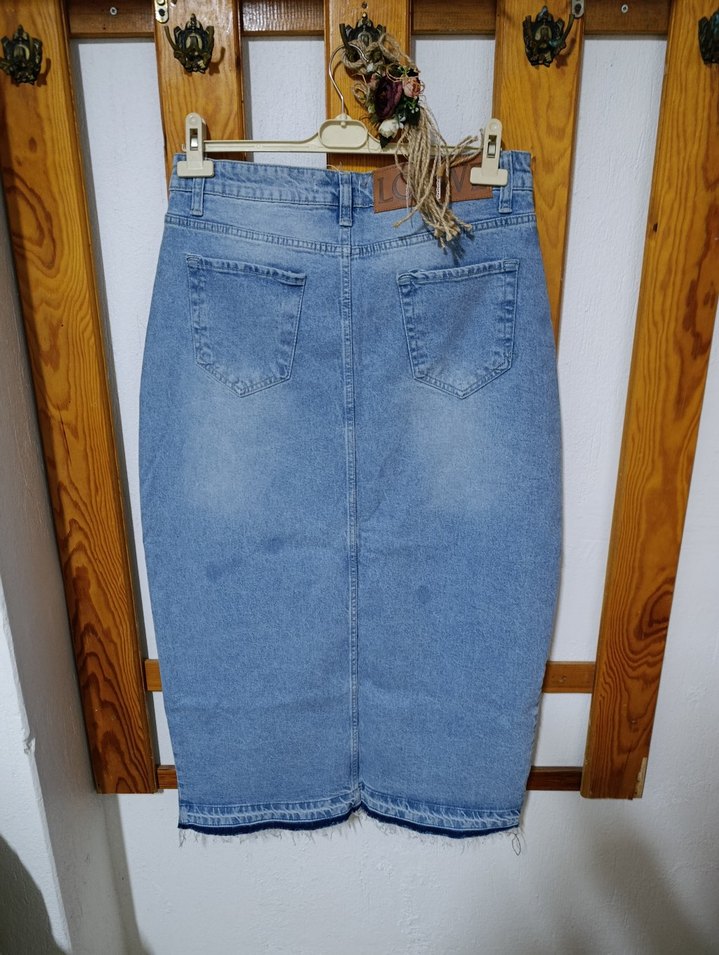 Mavi Uzun Yırtmaçlı Kot Etek - Görsel 5