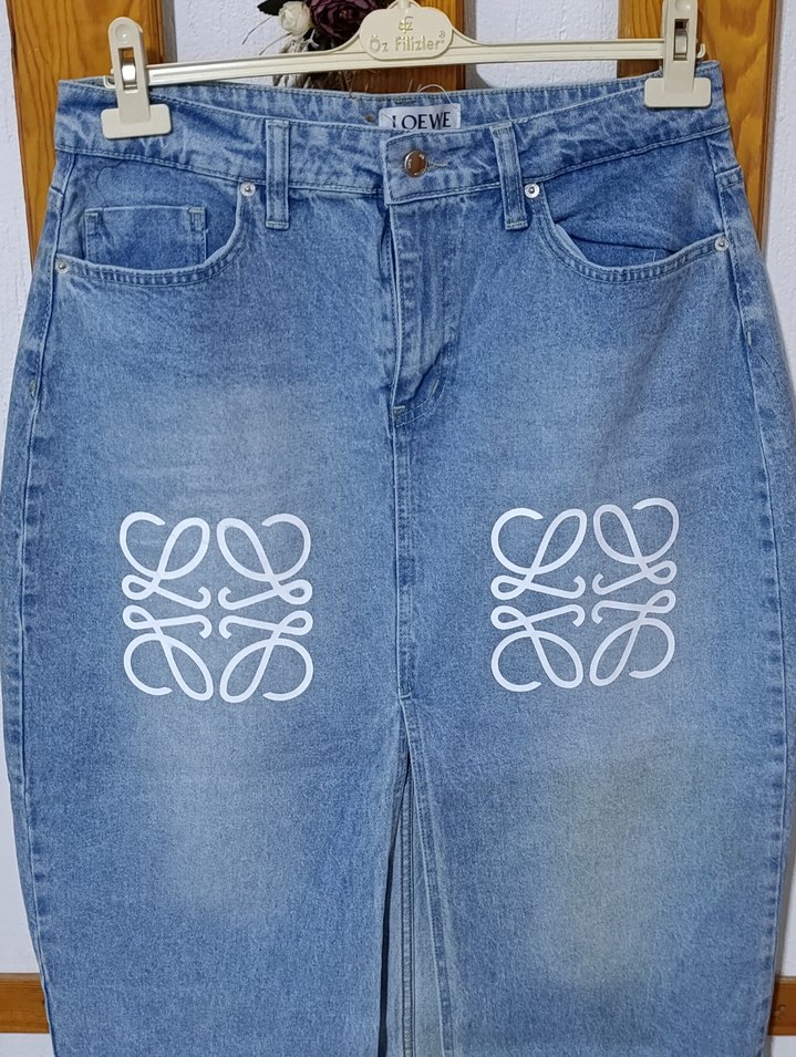 Mavi Uzun Yırtmaçlı Kot Etek - Görsel 2