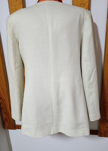 Düğmeli Beyaz Keten Kadın Blazer - Görsel 5