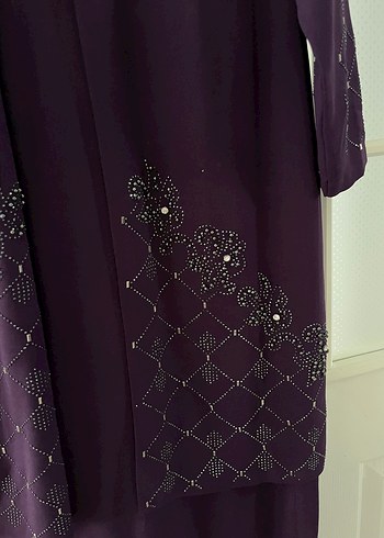Uzun Kollu Mor İşlemeli Kadın Elbise - Görsel 5