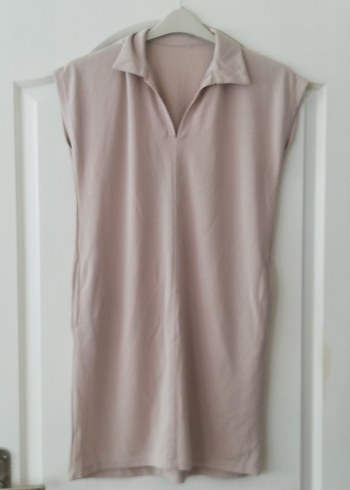 Bej Kolsuz V Yaka Tunik veya elbise - Görsel 3