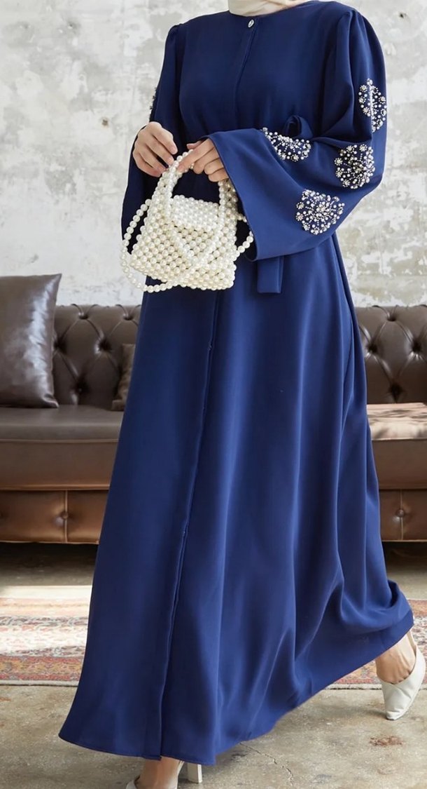 Nakışlı Lacivert Uzun Kadın Elbise - Görsel 3