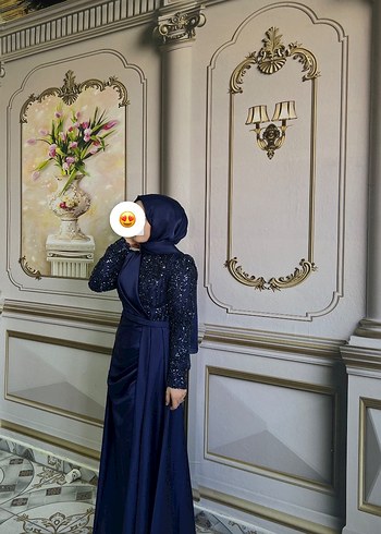 Abiye Uzun Kollu Lacivert Drapeli Abiye Elbise