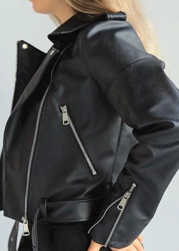 Kadın Siyah Deri Ceket - Görsel 5