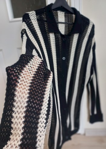 Gri Siyah Çizgili Ajurlu Kadın Hırka - Görsel 4