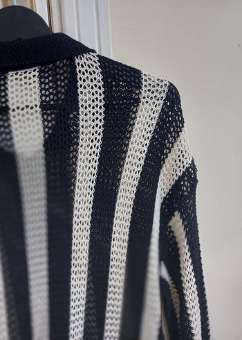 Gri Siyah Çizgili Ajurlu Kadın Hırka - Görsel 6