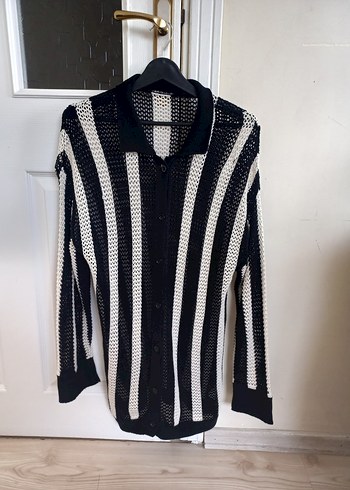 Gri Siyah Çizgili Ajurlu Kadın Hırka - Görsel 5