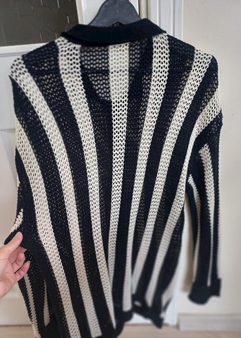 Gri Siyah Çizgili Ajurlu Kadın Hırka - Görsel 8