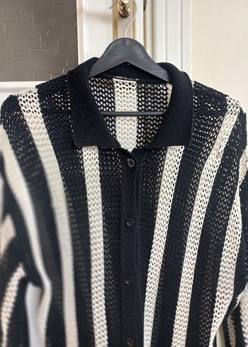 Gri Siyah Çizgili Ajurlu Kadın Hırka - Görsel 2