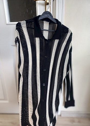 Gri Siyah Çizgili Ajurlu Kadın Hırka - Görsel 7