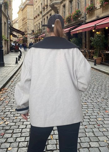 yakalı düğmeli orta boy oversize kaşe ceket - Görsel 2