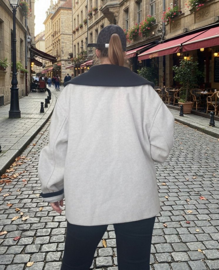 yakalı düğmeli orta boy oversize kaşe ceket - Görsel 2