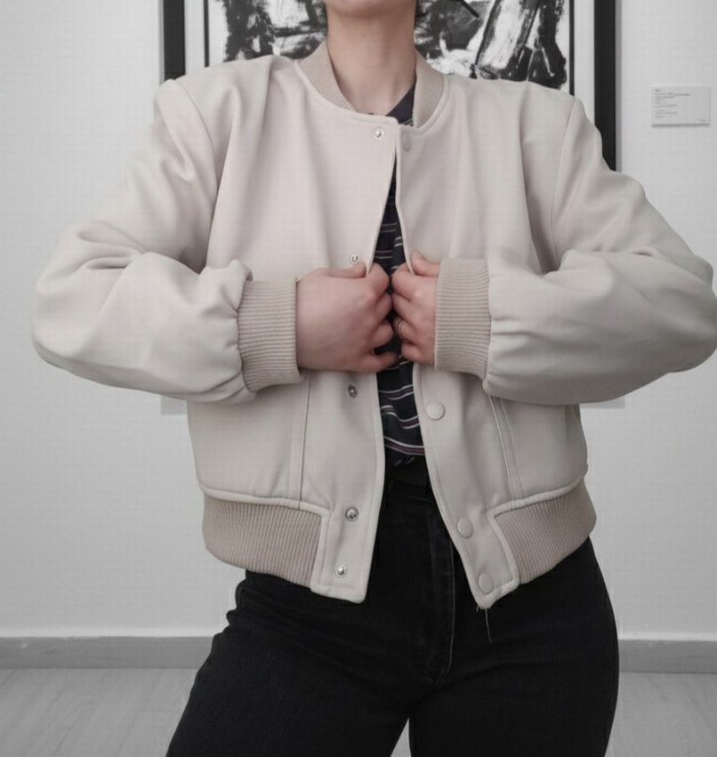 Bej Kadın Düğmeli Bomber Ceket - Görsel 4