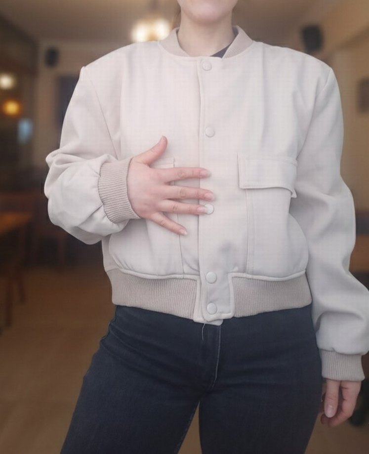 Bej Kadın Düğmeli Bomber Ceket - Görsel 3