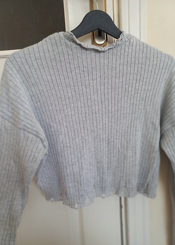 Gri Yırtık detaylı Crop Triko Kazak - Görsel 5