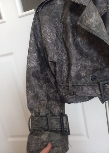 Gri Kemerli Deri Kadın Ceket - Görsel 11