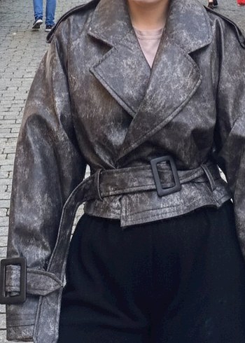 Gri Kemerli Deri Kadın Ceket - Görsel 2