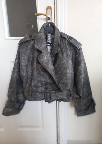 Gri Kemerli Deri Kadın Ceket - Görsel 5