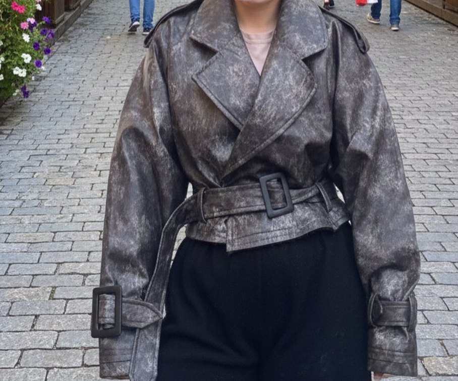 Gri Kemerli Deri Kadın Ceket - Görsel 2