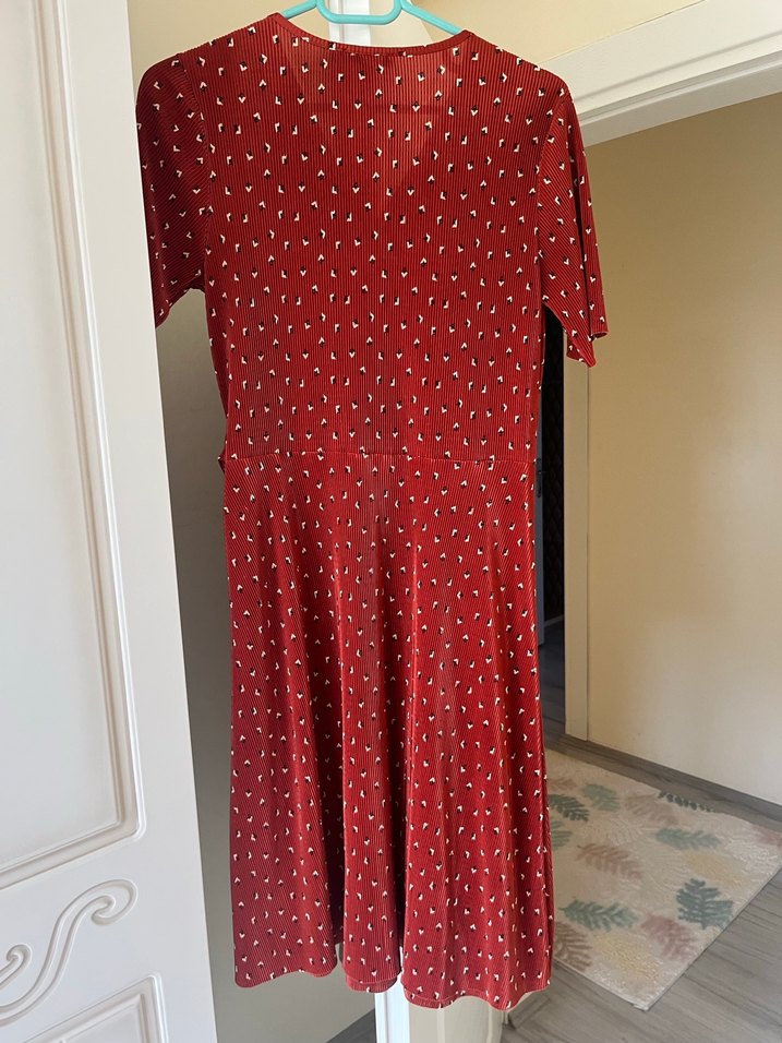 Kırmızı V Yaka Midi Bohem Elbise - Görsel 3