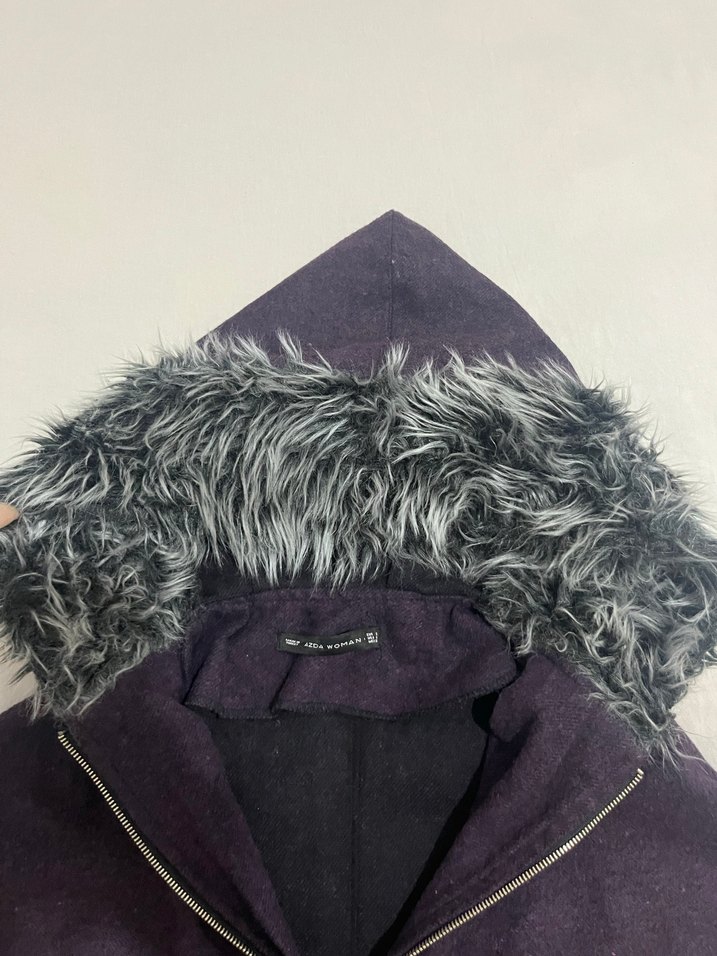 Kürk Detaylı Mor Kapüşonlu Kadın Ceket - Görsel 5