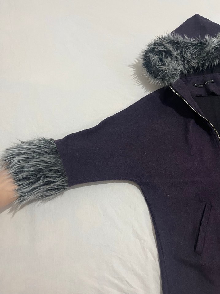 Kürk Detaylı Mor Kapüşonlu Kadın Ceket - Görsel 2