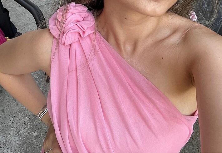 m Beden pembe Renk Pembe gül detaylı mini elbise