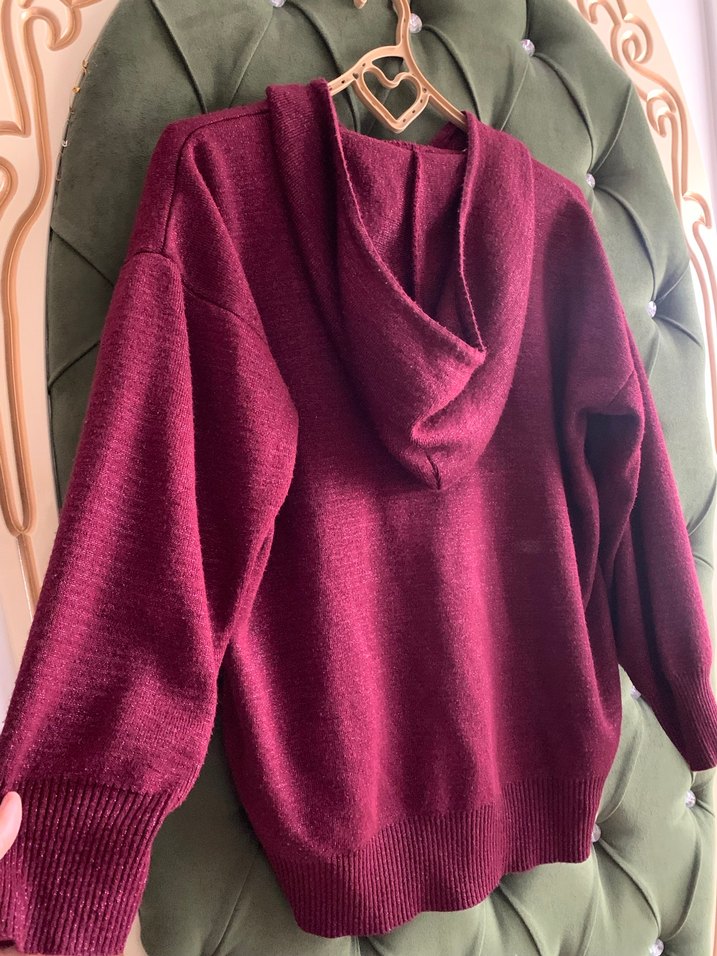 Bordo Kapüşonlu Fermuarlı Kadın Kazak - Görsel 2