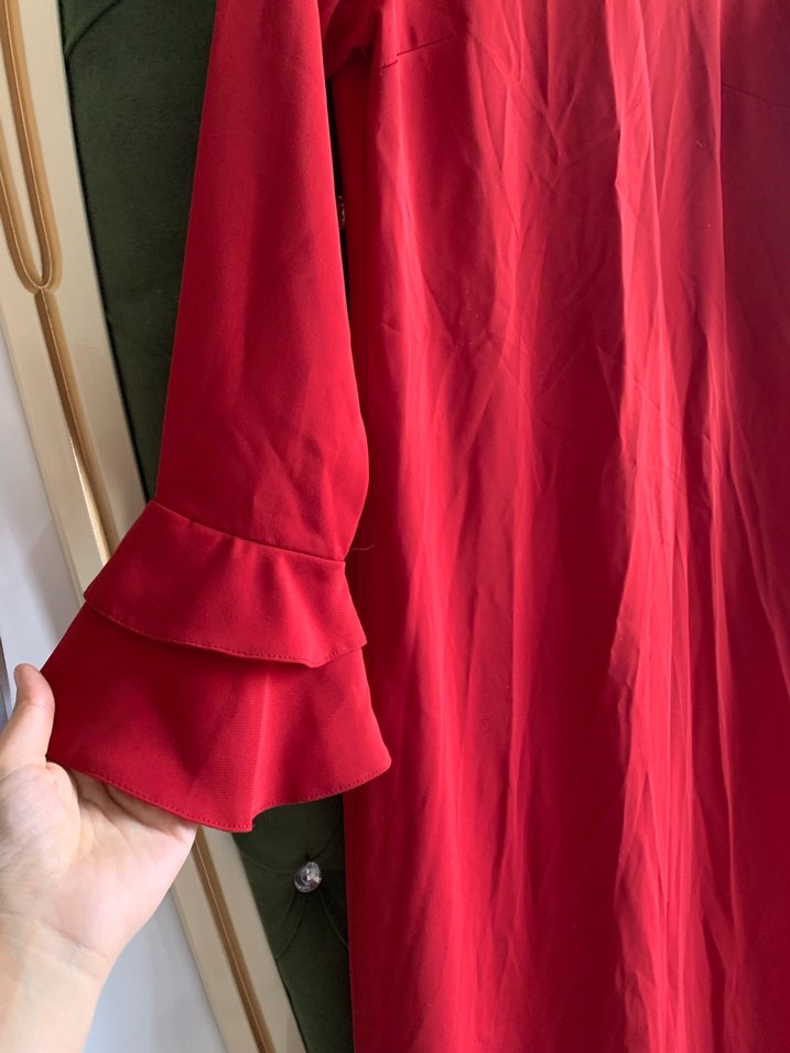 Kırmızı Uzun Kollu Salaş Kadın Elbise - Görsel 2